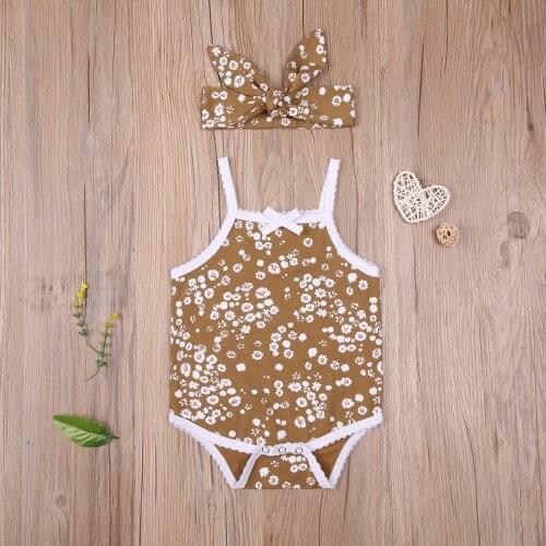 Infant Newborn Baby Girls Floral Two Piece Set Strap Jumpsuits Newborns Square Neck Sleeveless Romper Hair Band for Infants