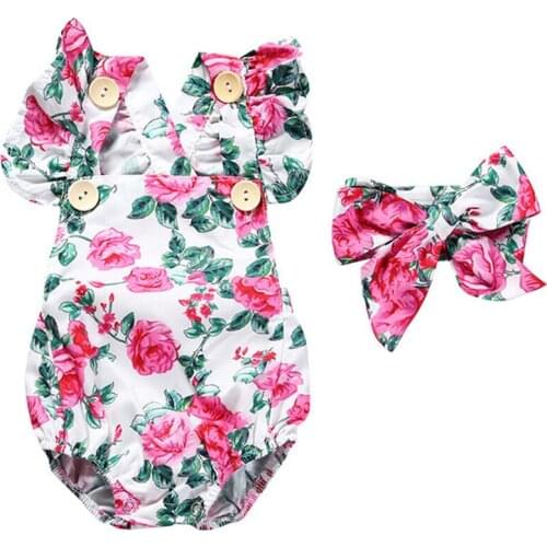 Girls Bow Bodysuit Summer Infant Sleeveless One-Pieces Flower Print Jumpsuits Toddler Fashion Crawling Clothes Romper Baby