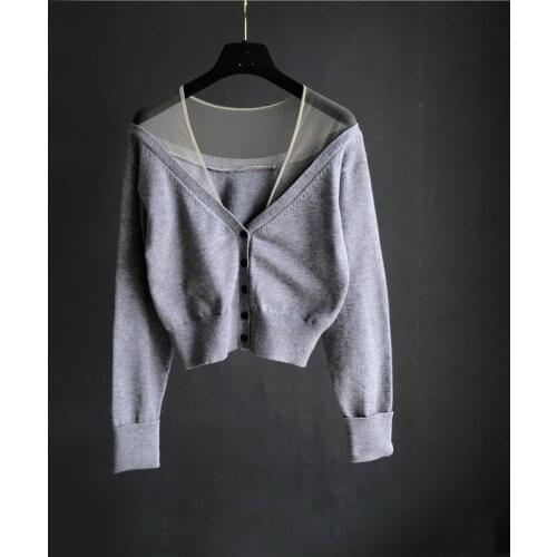 European New design women sexy v-neck gauze mesh patched perspective single breasted long sleeve short knitted sweater cardigan