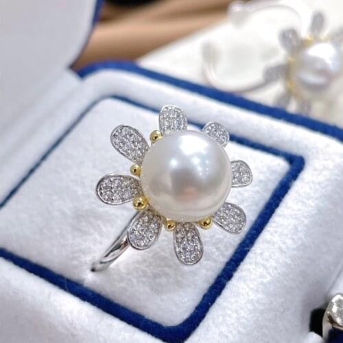 Fine Jewelry 925 Sterling Silver With Zircon Adjustable Size Pearl Ring,8-9mm Natural Sea Water White Pearls Females Rings 2021