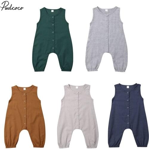 Pudcoco Cute Kids Newborn Baby Boy Girl Cotton Linen Romper Solid Sleeveless Striped Jumpsuit Outfit Summer Casual Clothes 0-24M