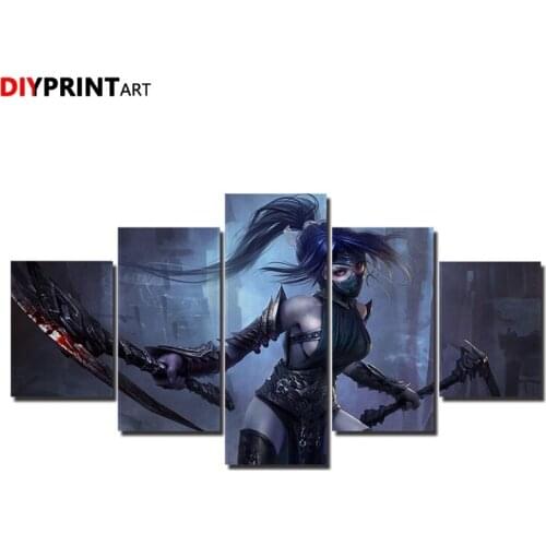 LOL Akali 5 Panels Canvas Painting Fist of Shadow Game Poster Wall Pictures for Living Room A1049