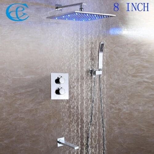 Brass Spout Square Chrome Brass Rainfall LED Shower Head Contemporary Style Bathroom Thermostatic Shower Faucet