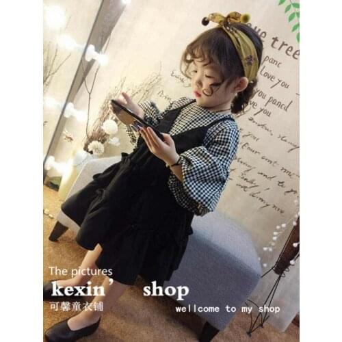 2018 new spring item girl cute plaid dress dorable design fake two pieces dress puff sleeve princess dress