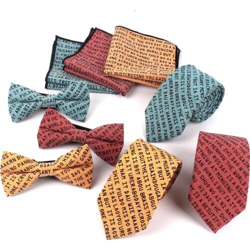 Letter Print Men Neck Tie Bow tie Pocket Square Sets Classic Mens Casual Necktie Pocket Towel Set Formal Business Ties Bowtie