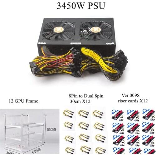 12 GPU Open Air Miner Set PSU 3450W With Ver009s Riser Cards Plus 8Pin to Dual-8Pin 30cm