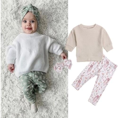 Spring Autumn Newborn Baby Girls Clothes Solid Long Sleeve Knitted Sweatshirts Tops+Floral Print Long Pants+Headband Outfits