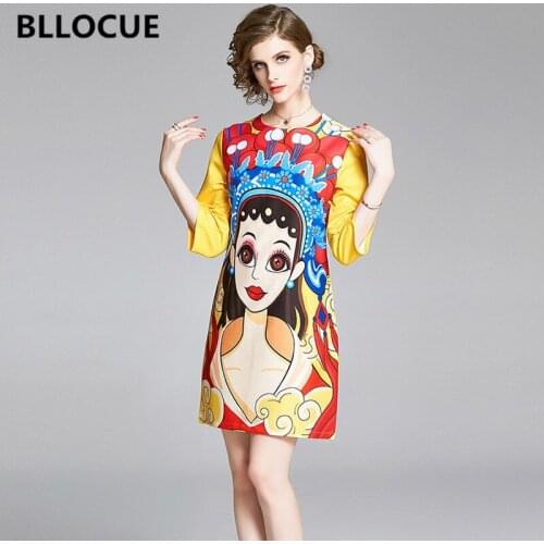BLLOCUE Round Neck Print Retro Dress Ladies Modern Girl Chinese Style drama Cartoon A-Line Loose Casual Womens Dresses