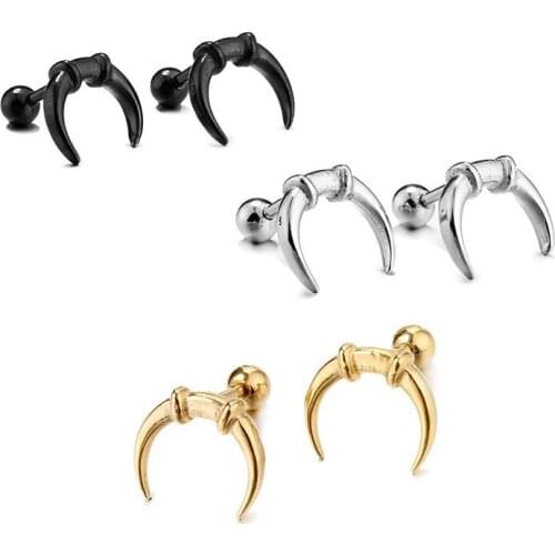 Fashion Punk Ox Horn Shaped Earrings For Women Girls Simple Style Stainless steel Stud Ear Jewelry Party Gifts 2 pieces