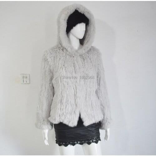 SJ435 Light Gray Fluffy Winter Hand Knit Rabbit Fur Coat for Girls