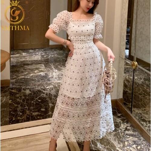 SMTHMA High Quality Self Portrait Dress 2019 Women Sexy off shoulder long Dresses Chic Embroidery dots Lace Summer Dress