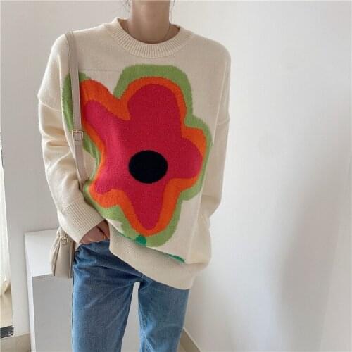Autumn And Winter New Womens Loose Round Neck Long Sleeves Hit Color Big Flower Sweater Mid-Length Pullover Sweater