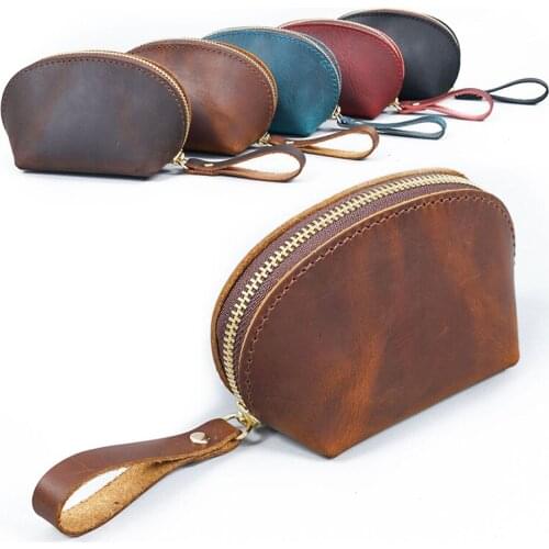 Vintage Mini Wallet Handmade Cow Leather Womens Wallets and Purses Small Zipper Coin Pocket Money Bag
