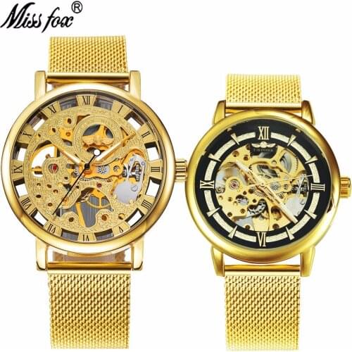 WINNER Luxury Fashion Set Glass Dial Luminous Hands Mechanical Ultra Thin Shock Resistant Mesh Strap Couple Watches 411