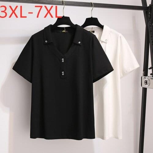 New 2021 Ladies Summer Plus Size Tops For Women Large Short Sleeve Loose Cotton Black Button V-neck T-shirt 3XL 4XL 5XL 6XL 7XL