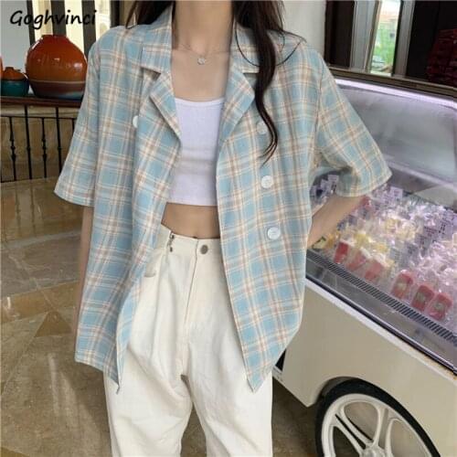 Oversize Plaid Double Breasted Blazers Women Short Sleeve Students Preppy Notched Collar Loose Suits Stylish Summer Outwear Cozy