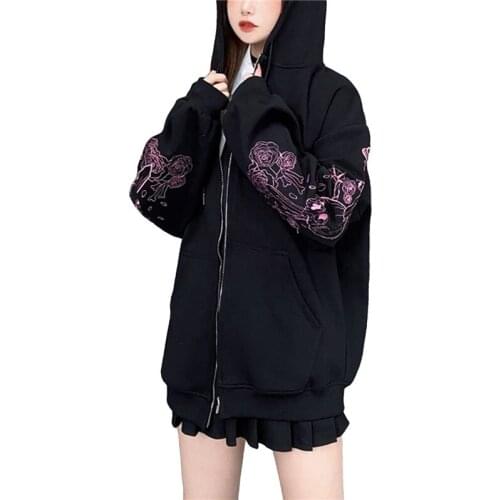 Gothic Hoodies Jacket Cardigan Women’s Skull Crown Print Zip Up Hoodies Y2K Long Sleeve Oversized Sweatshirts With Pockets