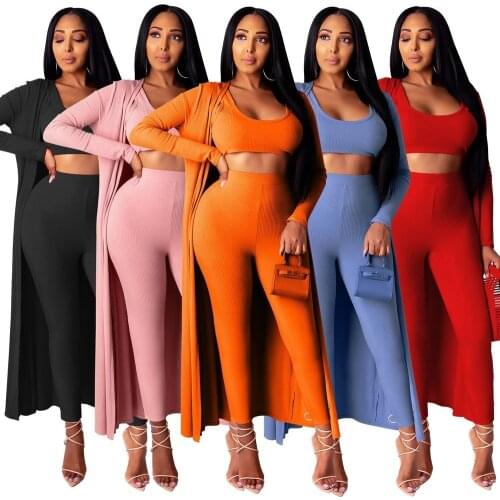 3 Pieces Sets Women Robe Outfits Long Sleeve Long Coat + Tank Vest Crop Top + Skinny Pants Ribbed Fabric Suit Ladies Clothings