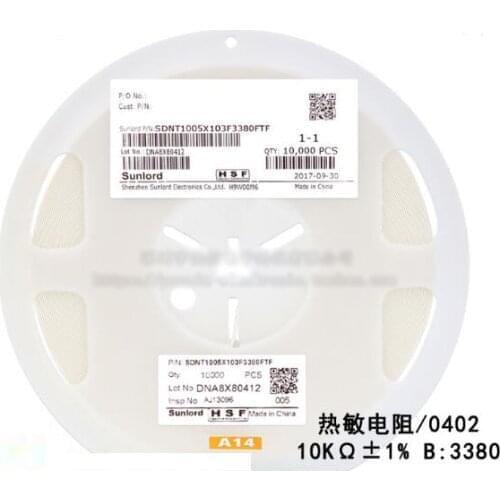 100pcs/lot 0402 SMD Thermal Resistor 10KΩ ±1% B:3380 SDNT1005X103F3380FTF Thermistor