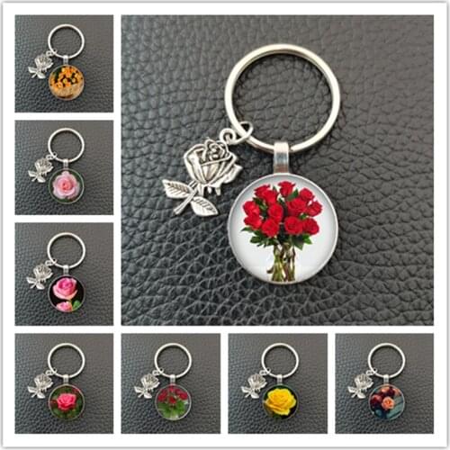 2020 Multicolor Rose Flower Glass Cabochon Flower Image Glass Dome Keychain DIY Valentines Day Gift