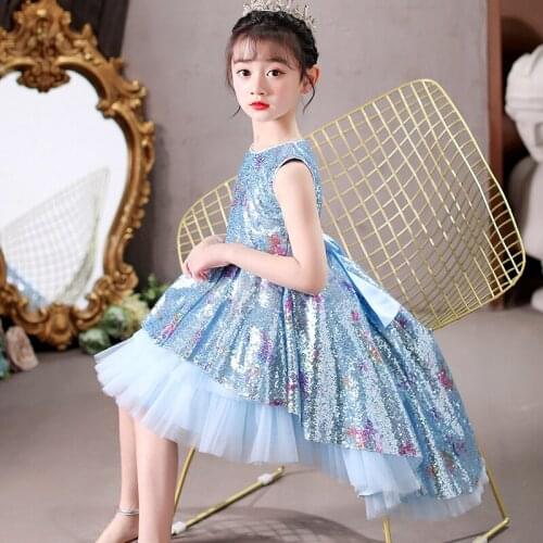 2021 New Summer Girl Princess Dresses Blue Vest Tail Dress Children Party Evening Dress Sequined Mesh Piano Performance Costume