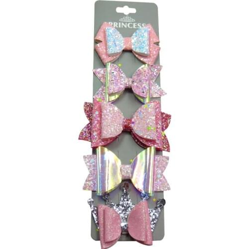 5PCS/SET Lovely Pink 5 Styles Baby Girls Clip Leather Bows Child Tie Knot Creativity Handmade Hairpins Hair Accessories For Kids