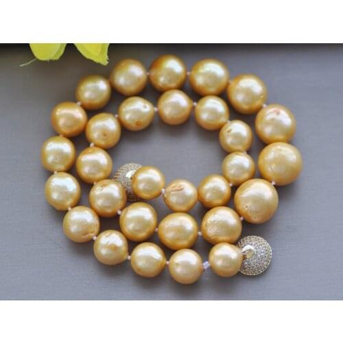 MCT·STAR Z10268 Big 17" 15mm Round Golden Edison Keshi Pearl Necklace CZ