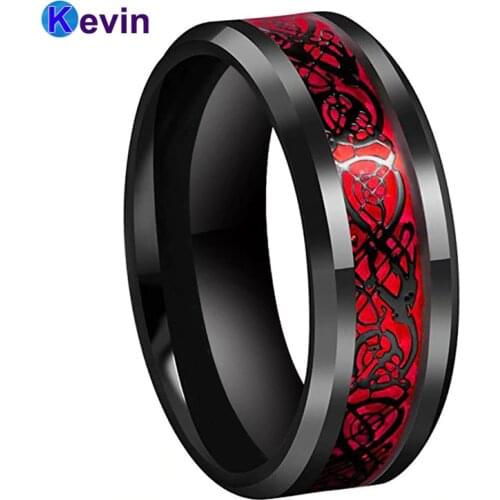 Black Mens Wedding Ring Dragon Ring Tungsten Carbide Ring With Red Opal And Black Dragon Inlay