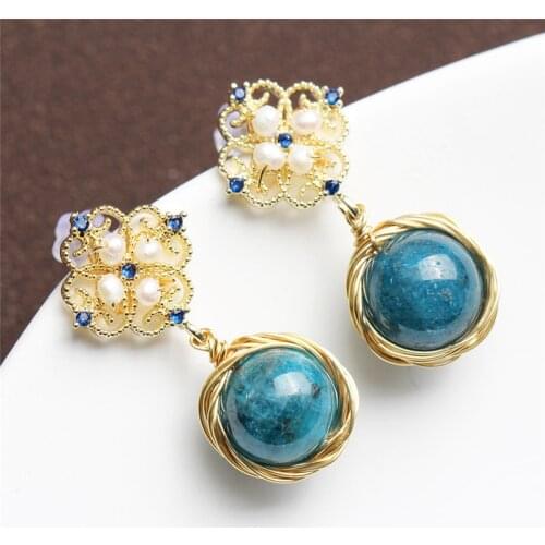 EYER Real 925 Sterling Silver Natural Pearl Handmade Fine Jewelry Mysterious Lake Dangle Blue Earrings for Women Brincos