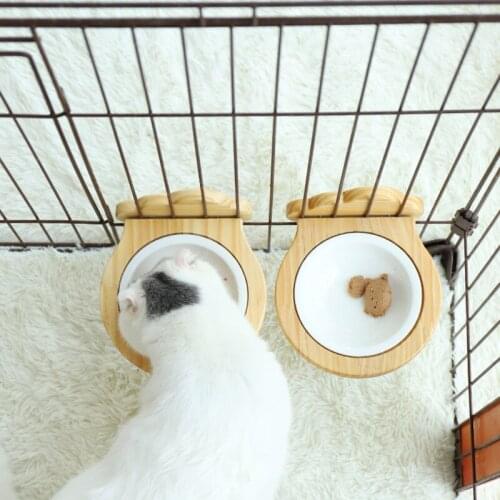 Cat Ceramic Bowl With Wooden Table Cat Food Water Feeder Pet Supplies Cat Cage Hanging Feeder M6105