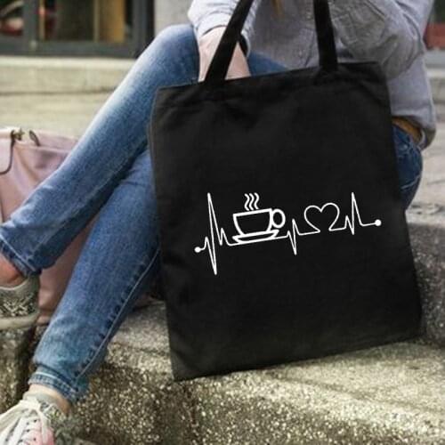 2021 Hot First Coffee Print Women Shopping Tote Bags Fashion Shoulder Black Canvas Bags Female Casual Travel Harajuku Totes Bag