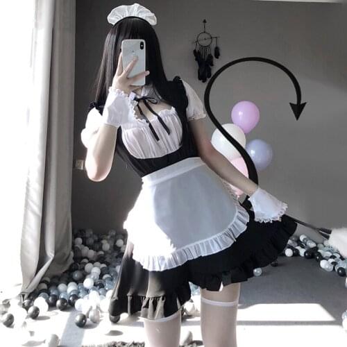 Cute Anime Lace Black Ruffles Maid Dress White Apron Sexy Cat Women Coffee Waiter Uniform Sweet Maid Role Play Costume