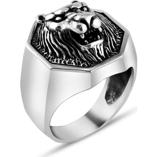 Men Handmade Silver Ring With Animal Lion Motif, Made in Turkey, Solid 925 Sterling Silver