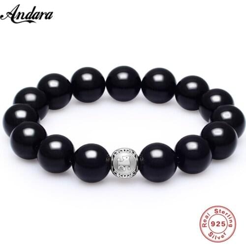 20cm Black Agates Elastic Bead Bracelet Male Taurus Charms Bracelet & Bangle For Men 925 Silver