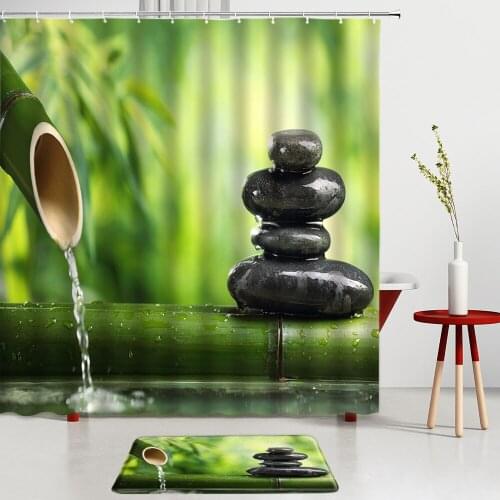 Zen Black Stone Shower Curtains Set Bath Mats Green Bamboo Print Bathroom Rugs Entrance Door Mats Room Decoration Bath Screen