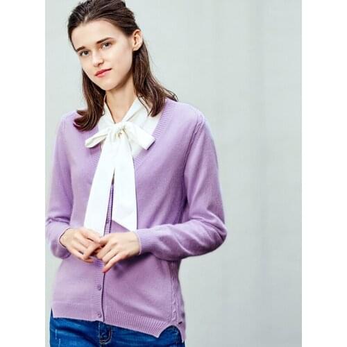ZHILI 2018 New Autumn Winter Womens V-neck Pure Color Cardigan Cashmere Sweater