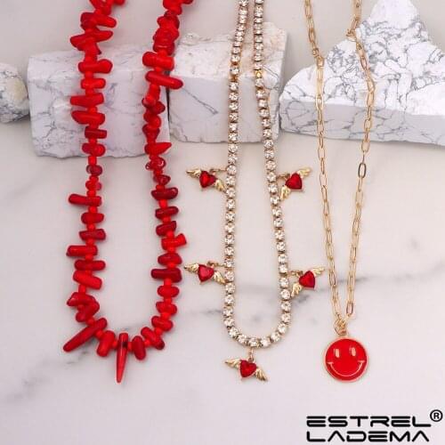 Red Multi Layer Smiley Face Natural Stone Coral Beads Choker Necklaces For Women Heart Crystal Tennis Chain Necklace New Jewelry