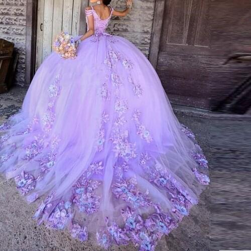 Lavender Princess Quinceanera Prom Dresses Lace Applqiues Sweet 16 Dress Court Train vestidos de 15 años