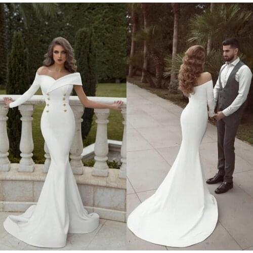 Suit-type Evening Dresses Mermaid White Off The Shoulder V-neck Buttons Floor Length Sweep Train Formal Prom Gowns Double Eleven