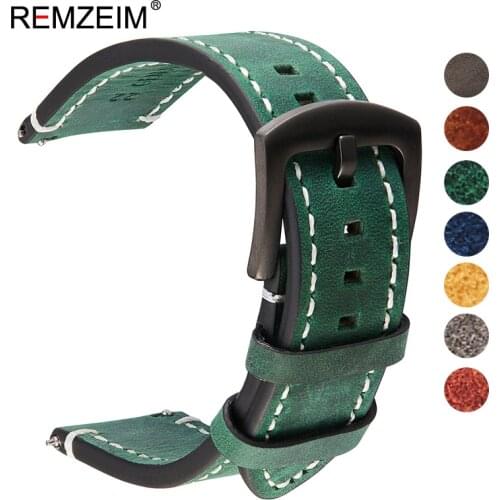 REMZEIM Vintage Genuine Leather Watchbands 7 Colors Belt 18mm 20mm 22mm 24mm Women Men Cowhide Watch Band Strap Green Brown
