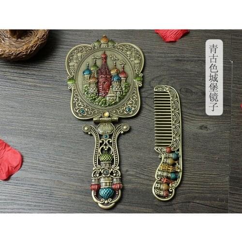 Retro Metal Hand-held Mirror RU Classic Rose Castle Handle Folding Makeup Mirror comb set Birthday Valentines Day Gift 1401