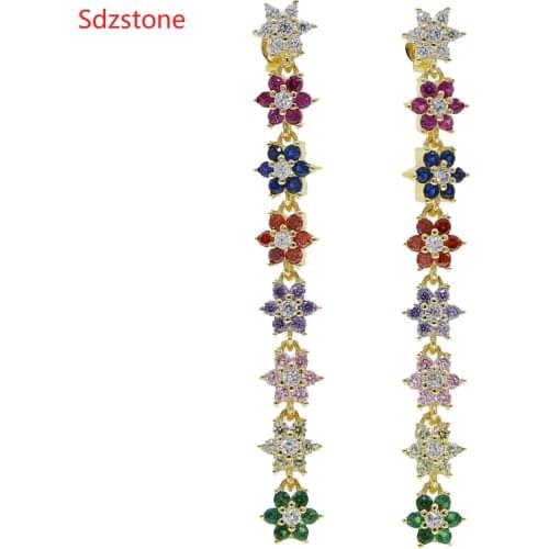 Sdzstone 2020 Spring Lover Girlfriend Gift Romantic 8 Color Cz Flower 60mm Long Chain Earring Luxury Gorgeous Women Jewelry