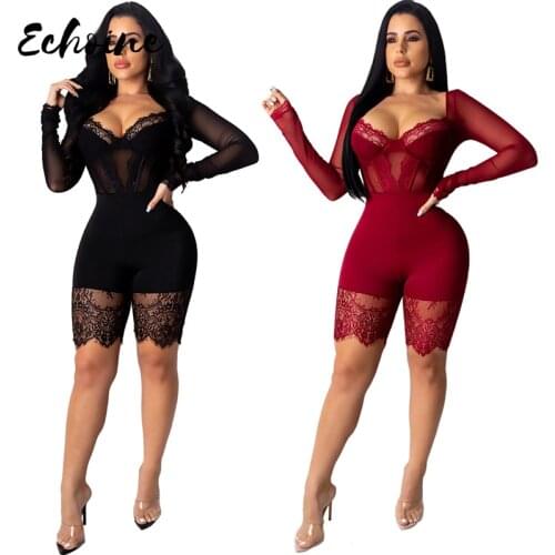 Sexy V Neck Lace Jumpsuit Black Wine Long Sleeve Mesh Sheer See Through Rompers Womens Jumpsuit 2020 Casual One-pieces Bodysuits