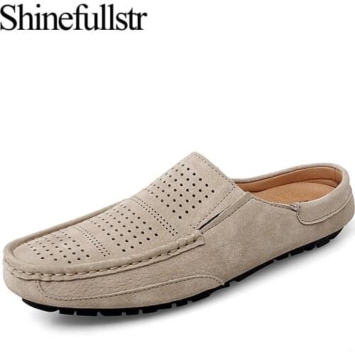 Men Half Shoes Leather Slip-on Slippers Loafers Driving Shoes Size 38-47 Casual Breathable Soft Flats Black Footwear 2021 New