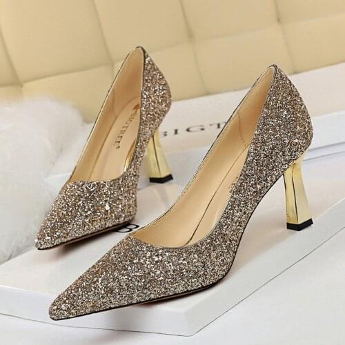 BIGTREE Fashion, Sexy, Shining Sequined High Heels, Shallow Mouth Pointed High Heels Womens Single Shoes Wedding Shoes 1878-1