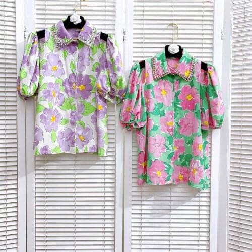 Vintage Flower Lapel Heavy Industry Diamond-Studded Loose Fashion Puff-Sleeved Shirt Women Summer French Single-Breaste New