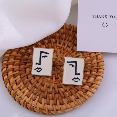 New Geometric Square Abstract Human Face Line Enamel Stud Earrings for Women Retro Vintage Funny Simple Jewelry