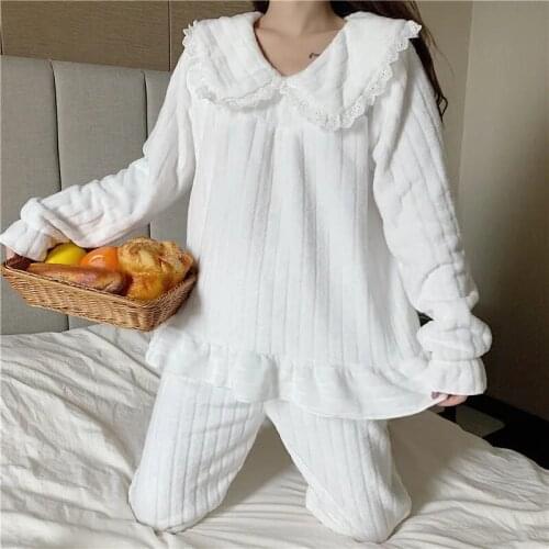 Womens Winter Coral Fleece Homewear Set Flannel Pajamas Thickened Fleece Cardigan Suit Thick Warmth Sweet and Soft Women Pajamas