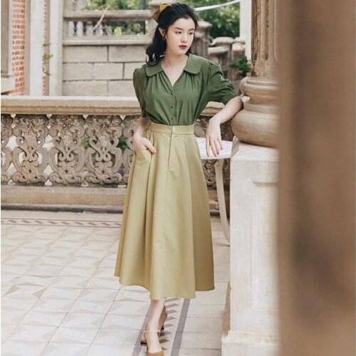 Women Hong Kong Retro Two Piece Set Summer French Casual Wild Lapel Shirt Top + Pure Color Literary Skirt Sets