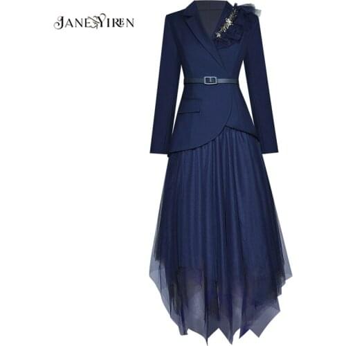Jianyiren Fashion Designer Set Autumn Women Long Sleeve Beading Suit Tops+Mesh Asymmetrical Skirt Two-piece set